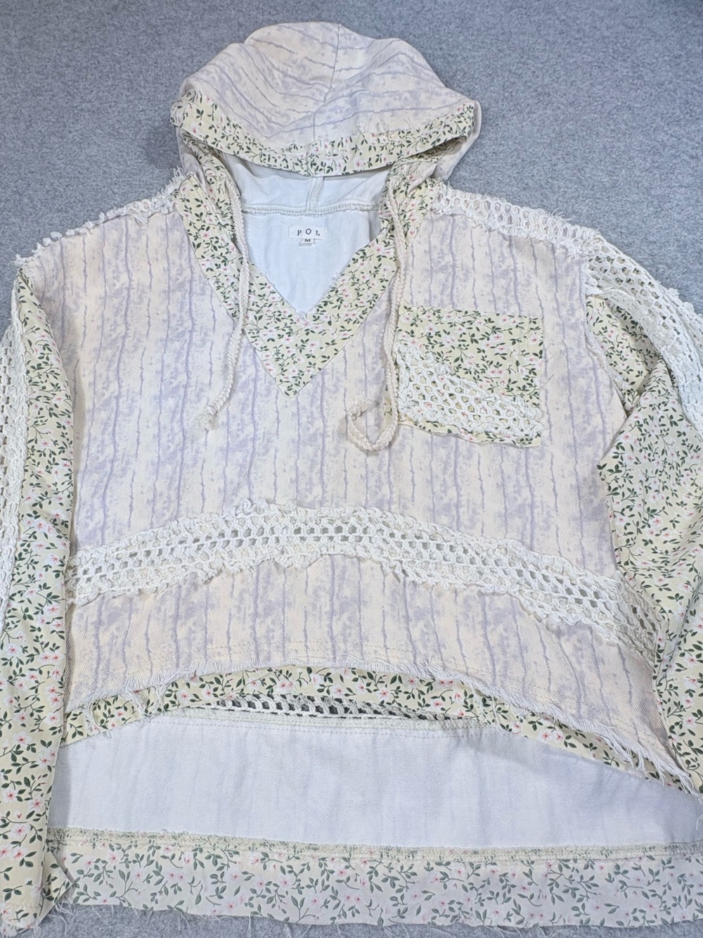 POL Clothing Patchwork Floral Crochet Knit Pullover Hoodie Cream Size Medium